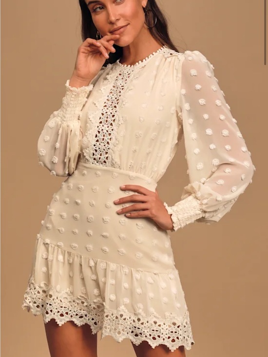 Lulus Dresses & Skirts - Lulu's Cream Swiss Dot Lace-Trim Mini Dress